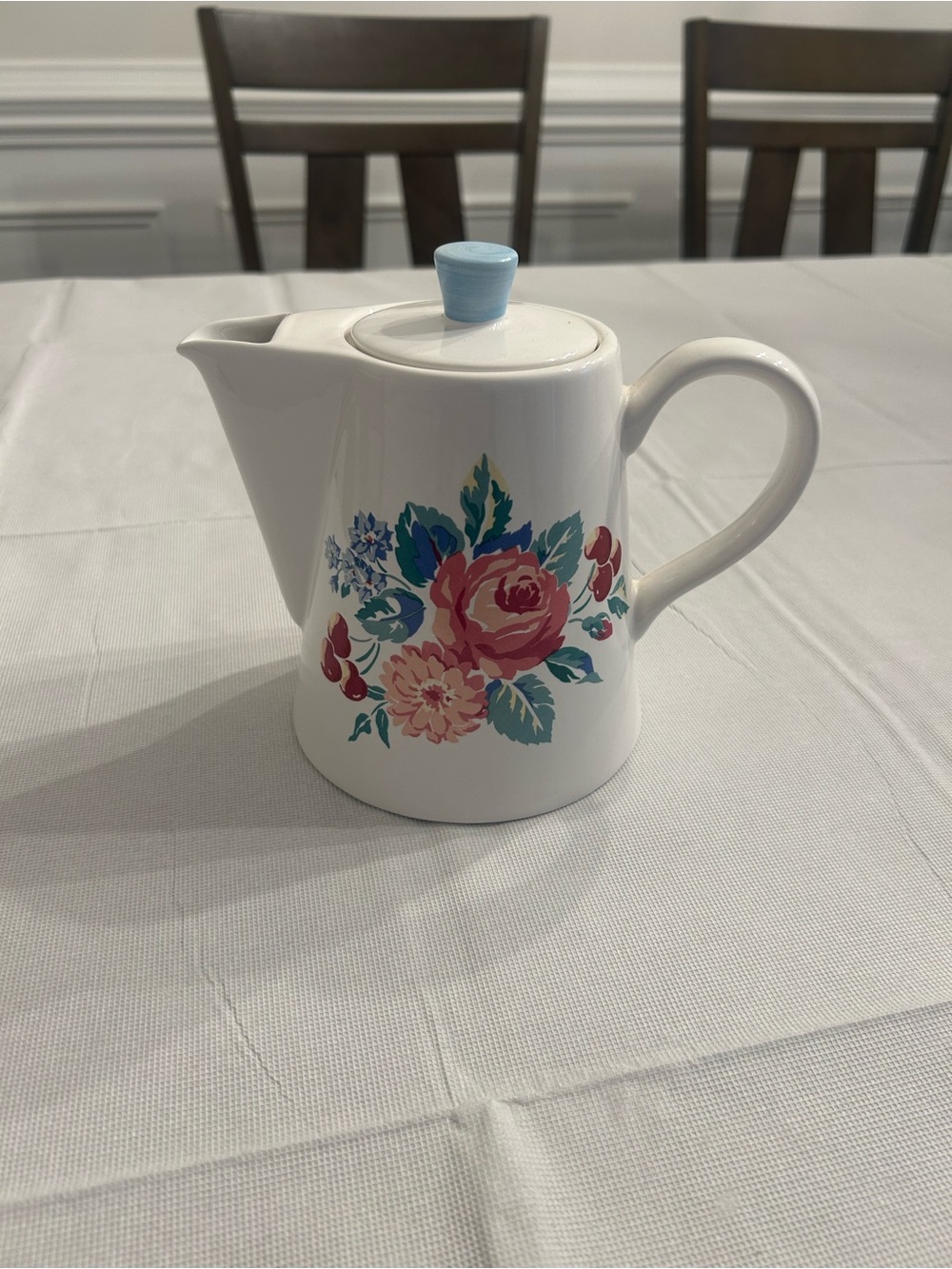 Hallmark White Ceramic Teapot with Pink Rose & Blue Leaf Motif